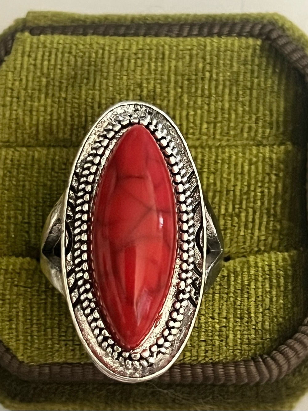 Boho/Design Red Oval Turquoise Stainless Steel Silver Statement Ring Size 8